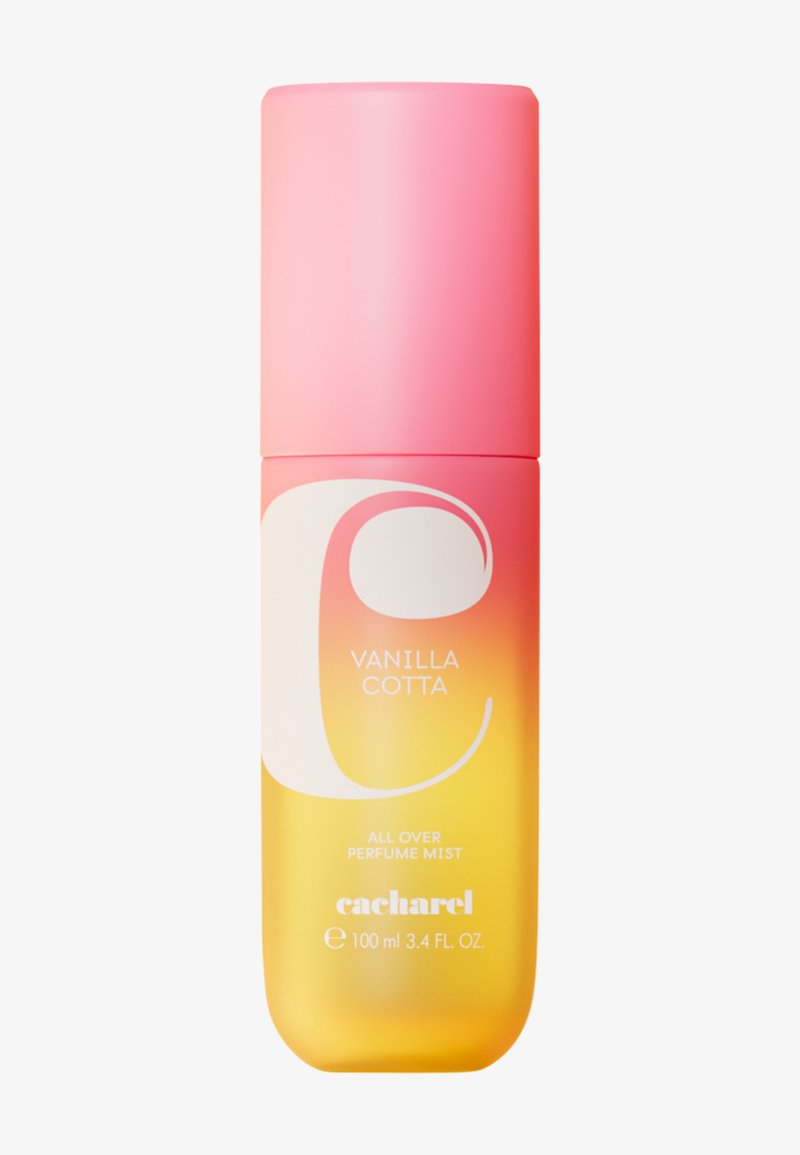 Cacharel Vanilla Cotta parfyme sprayflaske, gradient fra rosa til gul, 100 ml spraybeholder med rund hette.