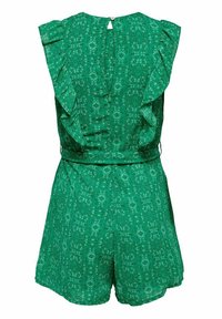 Combinaison sans manches à motif vert avec détail froufrou aux épaules et fermeture par bouton à œillet au dos de l'encolure.