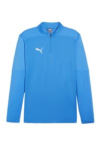Blaues, langärmliges Sportoberteil mit einem Halbreißverschluss am Hals, das strukturierte Schulterpaneele und ein weißes Puma-Logo auf der Brust aufweist.