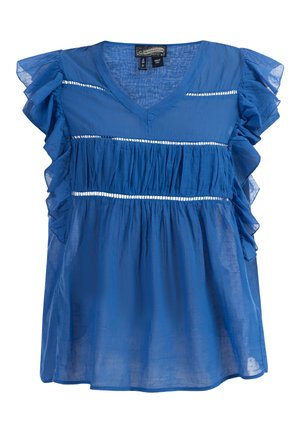 Kerge kangast sinine pluus, millel on V-kaelus, volangkäised ja horisontaalsed voldid valgete detailidega.