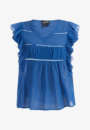 Kerge kangast sinine pluus, millel on V-kaelus, volangkäised ja horisontaalsed voldid valgete detailidega.