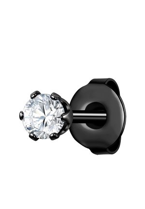 Cercel de ureche negru cu un mare diamant tăiat rotund, setat cu prindere tip prong într-un cadru elegant din metal negru. Design simplu și elegant.