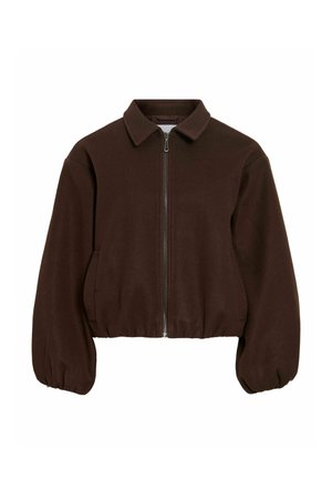 Veste marron à fermeture éclair avec col, ourlet et poignets élastiques, et poches latérales, conçue pour une tenue décontractée.