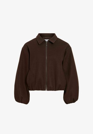 Veste marron à fermeture éclair avec col, ourlet et poignets élastiques, et poches latérales, conçue pour une tenue décontractée.