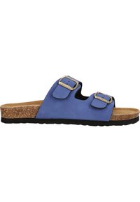 Blaue Wildleder-Mulesandale mit zwei verstellbaren Schnallen, Korkfußbett und schwarzer Gummisohle. Offenes Zehendesign und strukturierte Oberfläche.