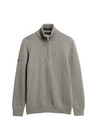 Grauer Strickpullover mit hohem Kragen und halbem Reißverschluss. Gerippte Bündchen und Saum. Verfügt über ein kleines Markenlogo am Ärmel. Glatte Textur.