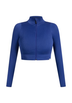 Blau gerippter Cropped-Top mit langen Ärmeln und hochgeschlossenem Kragen, mit einem zentralen Reißverschluss und einem kleinen Logotag am Saum.