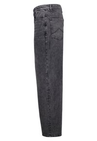 Jeans in denim grigio con un design a gamba dritta, vita media e tasche posteriori classiche. Il tessuto ha una finitura leggermente sbiadita.