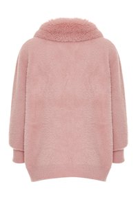 Maglione oversize rosa in morbido tessuto plush, con una texture soffice e pelosa, dotato di un ampio colletto e spalle abbassate per una vestibilità comoda.