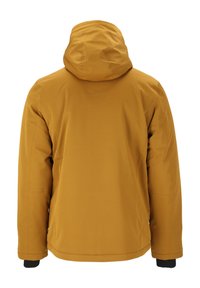 Gul isolerad jacka med huva, långa ärmar och svarta muddar; slät textur och sömnadsdetaljer på baksidan.