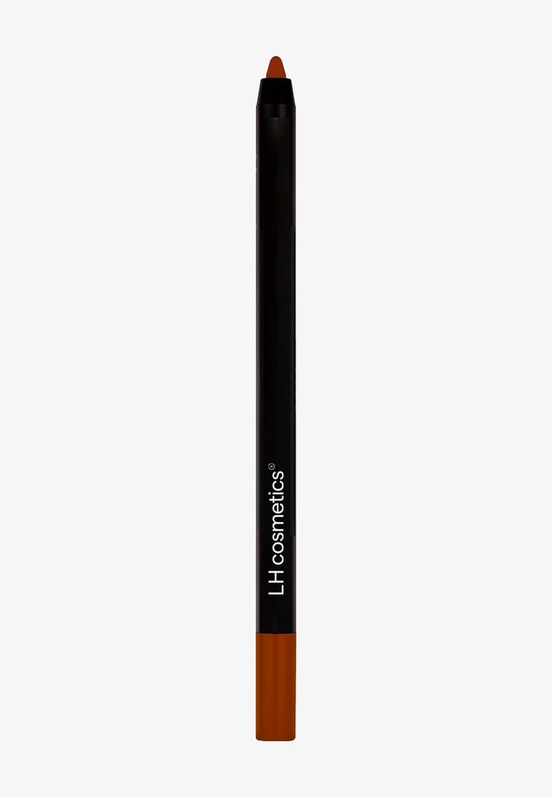 Bruine liplinerpotlood met een zwarte behuizing. De punt heeft een diepe oranje tint. Het merk is weergegeven op de zijkant in witte tekst.