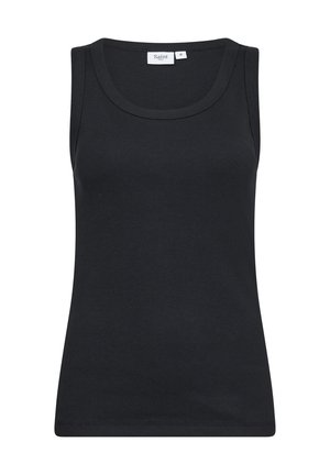 Top din jerseu negru cu mânecă fără, cu decolteu rotund. Textură netedă, fără modele sau broderii, etichetat "Saint." Mărimea M.