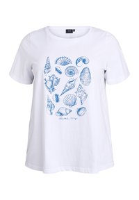 White cotton T-shirt featuring a blue shell print design, including various seashells and the word "SALTY" in a stylized font.