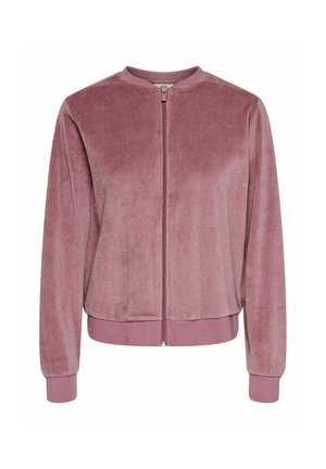 Veste bomber en velours rose poudré, avec une fermeture éclair à l'avant, un col rond, des poignets et un ourlet côtelés, offrant une texture douce et une finition lisse.
