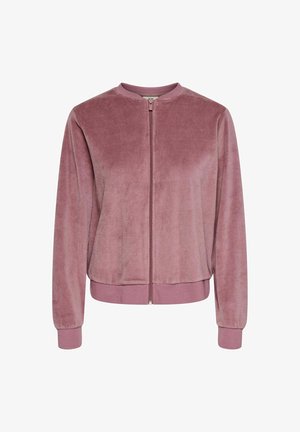 Velour bomber jacket in dusty pink, featuring a zip front, round neckline, ribbed cuffs and hem, with a soft texture and smooth finish.