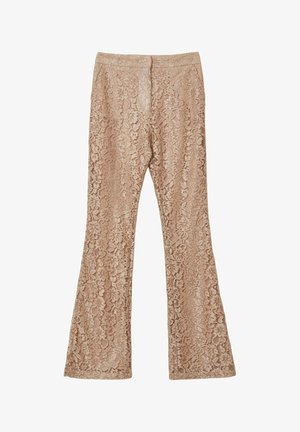 Pantaloni a palazzo in pizzo di un beige chiaro con un motivo floreale, texture morbida e vita elastica per il massimo comfort.
