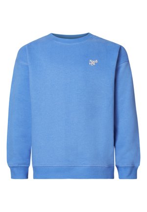 Lichtblauwe sweatshirt gemaakt van zachte stof, met een ronde hals en geribbelde manchetten. Een klein logo is geborduurd op de borst.