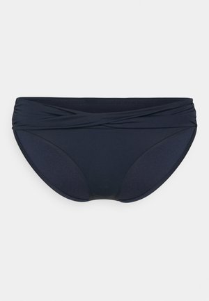 Navy blue swim bottoms with a wide, pleated waistband and smooth texture. Features a fitted design with full coverage at the back.