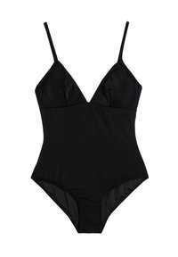 Maillot de bain une pièce noir avec un décolleté en V profond, des bretelles fines et ajustables, et un tissu lisse sans motifs ni matériel visible.