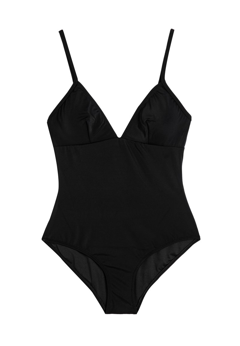 Maillot de bain une pièce noir avec un décolleté en V profond, des bretelles fines et ajustables, et un tissu lisse sans motifs ni matériel visible.