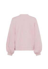 Roze, cropped sweatshirt met lange, gepofte mouwen. Gemaakt van zachte stof, voorzien van een ronde halslijn en subtiele naden.