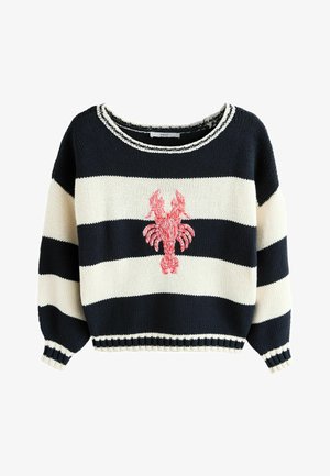 Pulover tricotat cu dungi albastre și albe, cu un homar roșu brodat frontal și decolteu rotund.