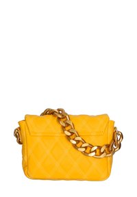 Yellow quilted leather handbag with a gold chain strap, featuring a rectangular shape and subtle stitching detail on the front.