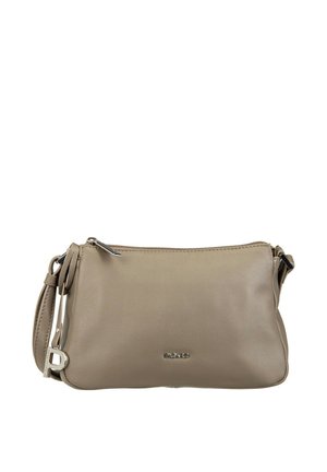 Beige leather crossbody bag with a zip closure, adjustable strap, and subtle brand logo detail on the front. Smooth texture.