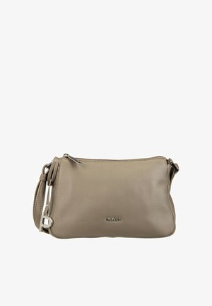 Beige leather crossbody bag with a zip closure, adjustable strap, and subtle brand logo detail on the front. Smooth texture.