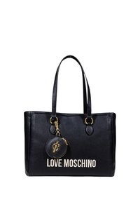 Sac en cuir noir avec deux poignées, doté de quincaillerie dorée, logo "LOVE MOSCHINO" en blanc, et une pochette ronde pour pièces de monnaie attachée.