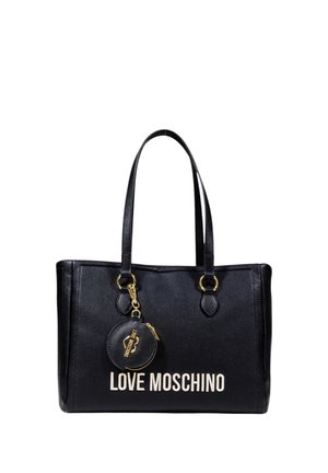 Borsa tote in pelle nera con due manici, caratterizzata da accessori in oro, logo "LOVE MOSCHINO" in bianco e una pochette rotonda attaccata per le monete.