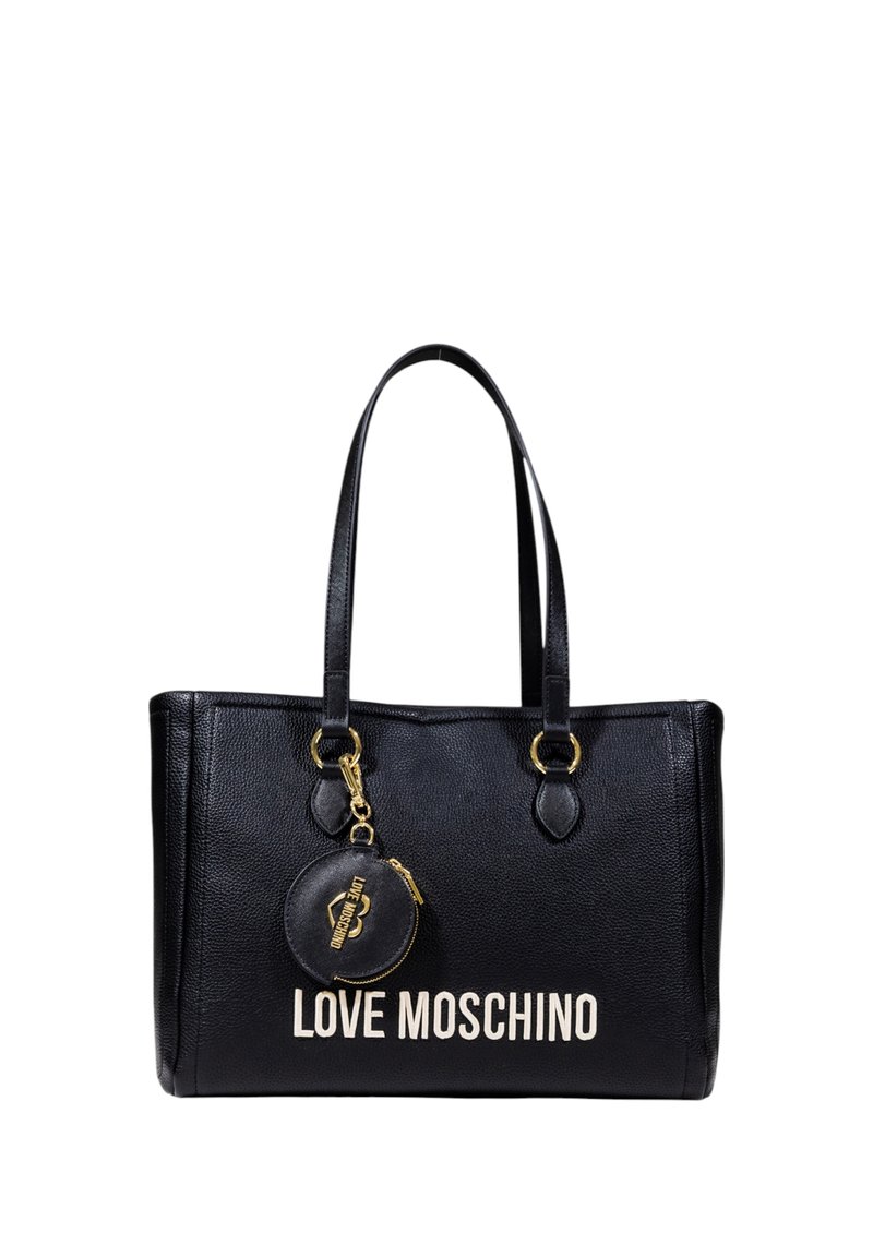 Sac en cuir noir avec deux poignées, doté de quincaillerie dorée, logo "LOVE MOSCHINO" en blanc, et une pochette ronde pour pièces de monnaie attachée.