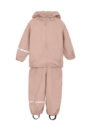 Combinaison de pluie deux pièces pour enfants, imperméable, rose pâle, avec capuche, poignets élastiques, bandes réfléchissantes sur les manches et les jambes, et boucles pour les pieds.