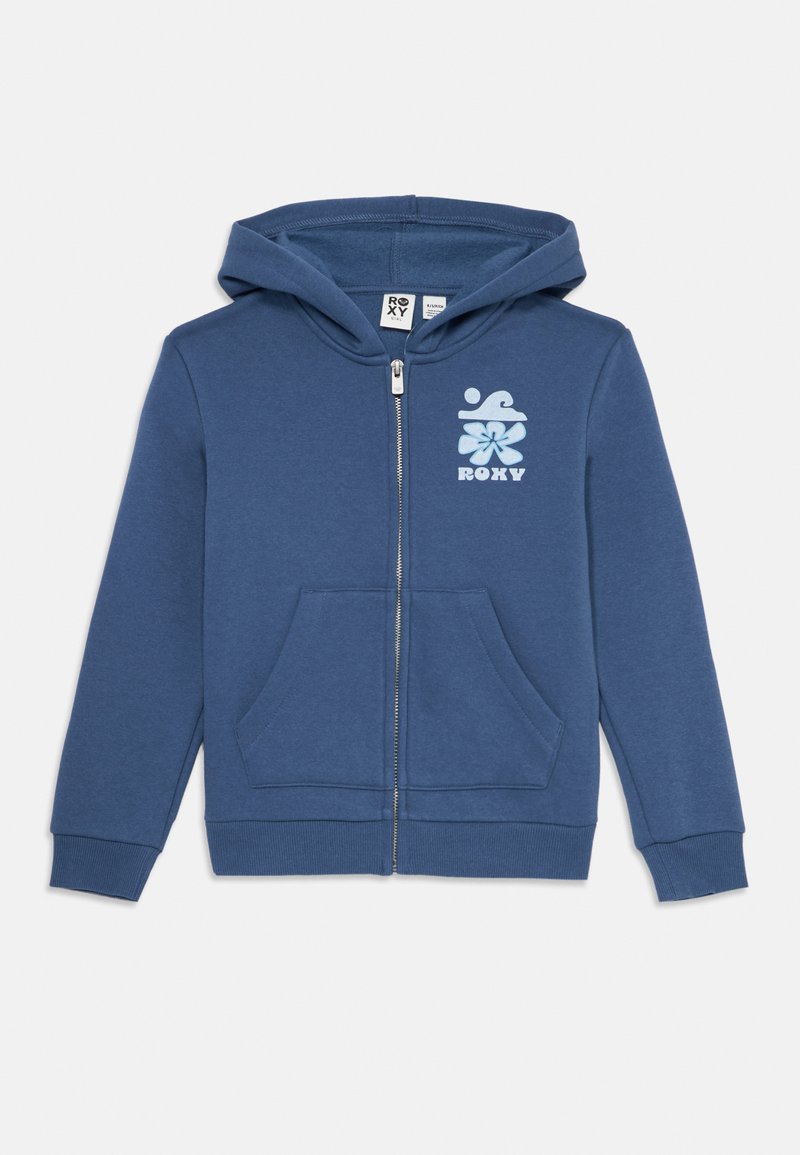 Blå hettejakke med lommer foran, hette og et lyseblått Roxy-logo som viser en bølge og blomst på venstre bryst.