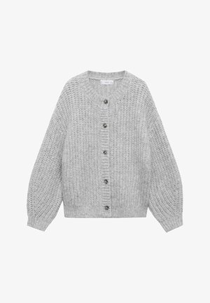 Grauer, gestrickter Cardigan mit Rundhalsausschnitt, vorderer Knopfleiste, langen Ärmeln und geripptem Muster. Mit großen Knöpfen und einer lockeren Passform.