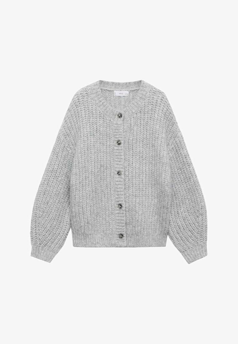 Gray knitted cardigan with a round neck, front button closure, long sleeves, and ribbed texture. Features large buttons and a relaxed fit.