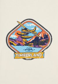 Design grafico che mostra un idrovolante giallo sopra montagne e acqua, contornato di nero con dettagli colorati. Testo: "TIMBERLAND" in lettere maiuscole grasse.
