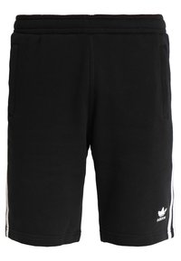 Pantaloni sportivi neri con elastico in vita, due tasche laterali, design a tre strisce bianche lungo i lati e un piccolo logo bianco sull'orlo.