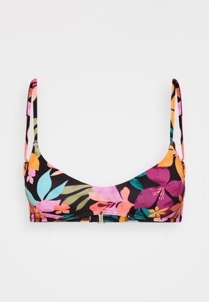 Floral bikini top featuring a black background with colorful leaves and flowers. Adjustable straps and a gold clasp closure.