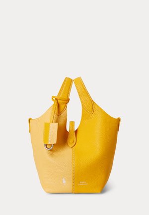 Two-tone yellow leather handbag with short handles, textured surface, and subtle embossed Polo Ralph Lauren logo on the front.