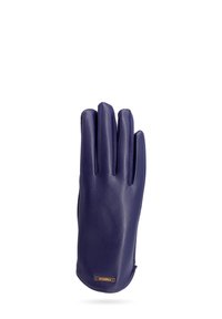 Guanto in pelle viola con un design elegante, cinque dita e una texture liscia. Presenta un piccolo etichetta metallica al polso.