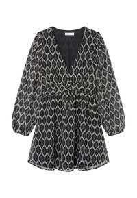 Robe à motifs noir et blanc avec col en V, manches longues bouffantes, taille élastique et ourlet évasé. Tissu léger et transparent.