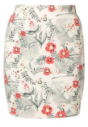 Biała spódnica w szary, liściasty wzór z rozproszonymi koralowoczerwonymi kwiatami, o prostej, dopasowanej sylwetce.