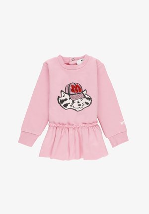 Robe longue à manches longues pour filles, rose, avec taille froncée et visage de raton laveur portant une casquette rouge à paillettes imprimée à l'avant.