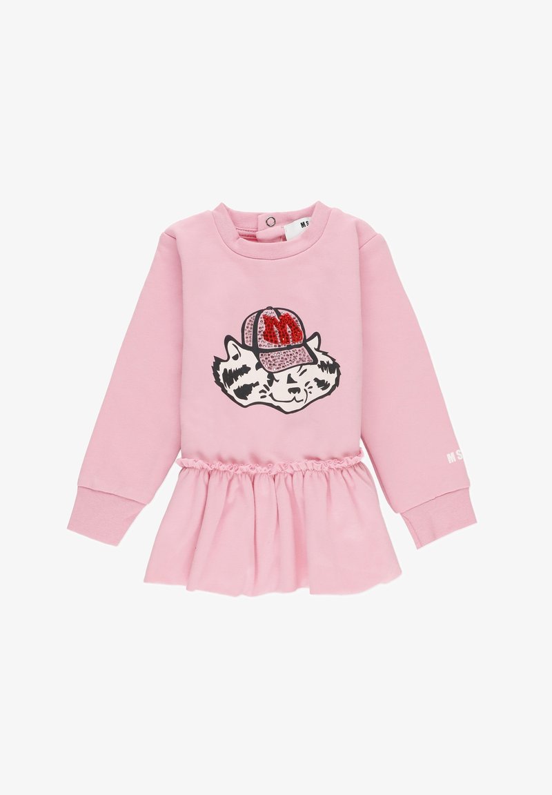 Robe longue à manches longues pour filles, rose, avec taille froncée et visage de raton laveur portant une casquette rouge à paillettes imprimée à l'avant.