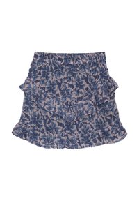 Blumendruckrock mit geschichteten Rüschen, überwiegend in Blau und Hellrosa, aus leichtem Stoff mit elastischem Bund.