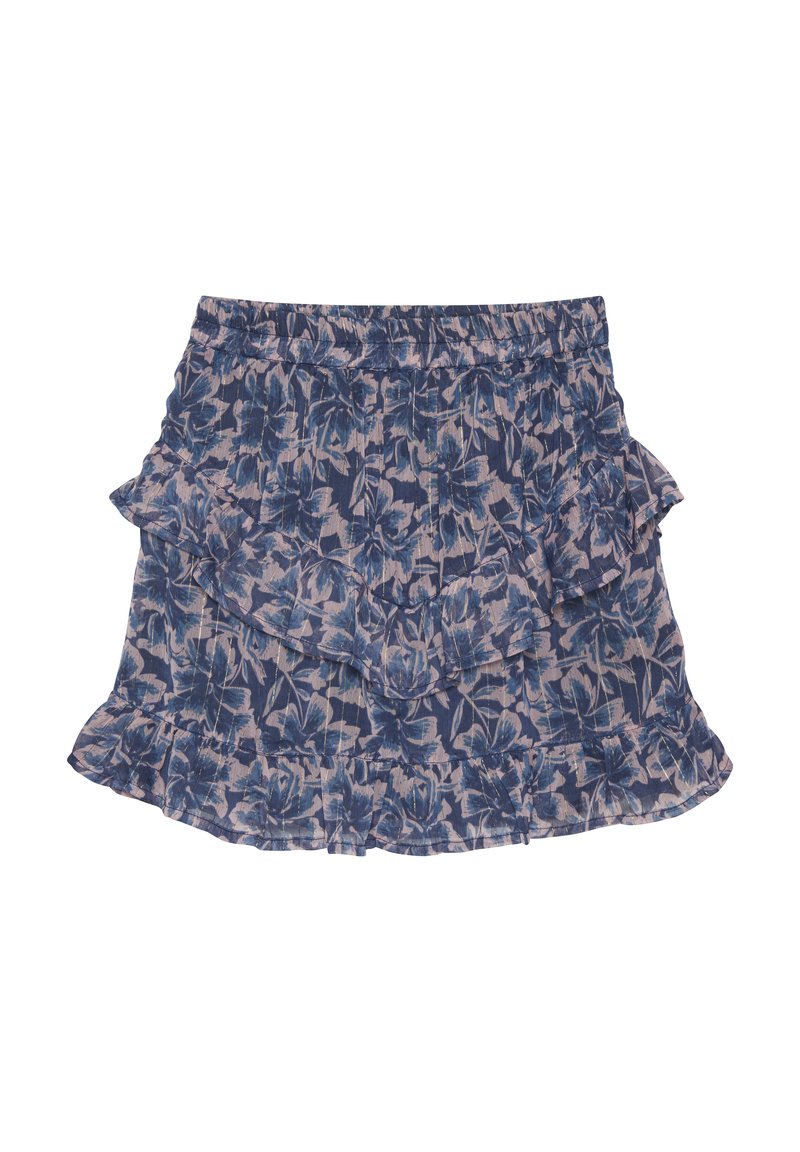 Blumendruckrock mit geschichteten Rüschen, überwiegend in Blau und Hellrosa, aus leichtem Stoff mit elastischem Bund.