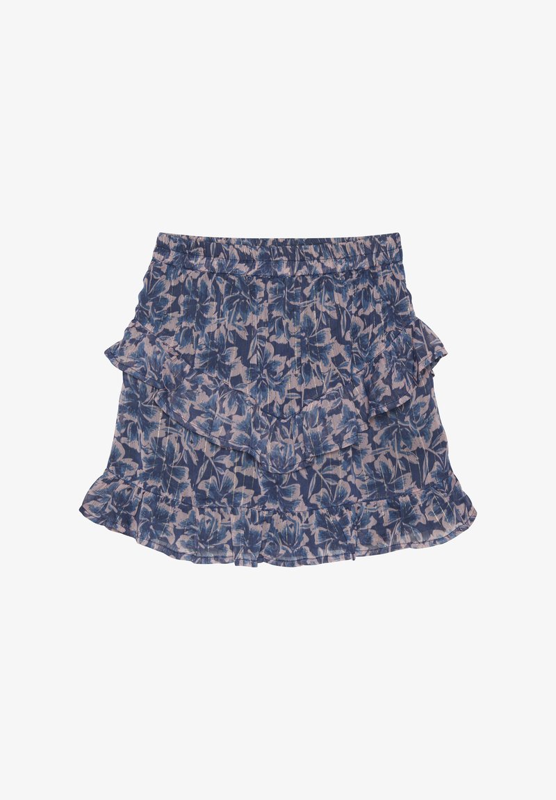 Bloemenprint rok met gelaagde ruffles, voornamelijk in blauw en lichtroze kleuren, gemaakt van lichtgewicht stof, met een elastische taille.