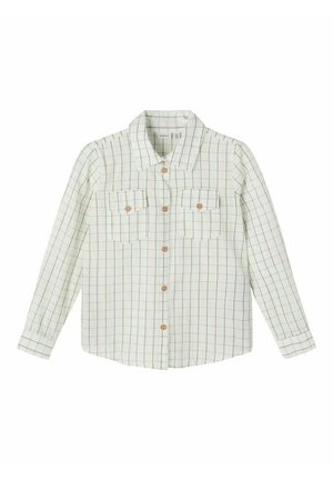 Weißes langärmliges Hemd mit Knöpfen, beige Karomuster und zwei Brusttaschen mit Knöpfen.