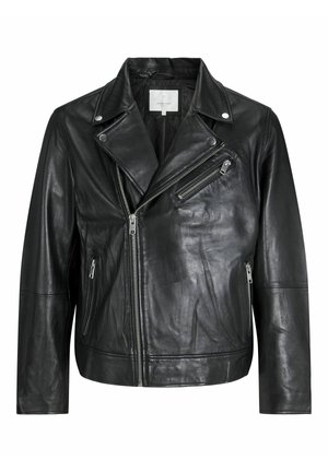 Schwarze Leder-Bikerjacke mit Reißverschlusstaschen, breiten Revers und langen Ärmeln. Weiche Textur und strukturiertes Design mit metallic Hardware.